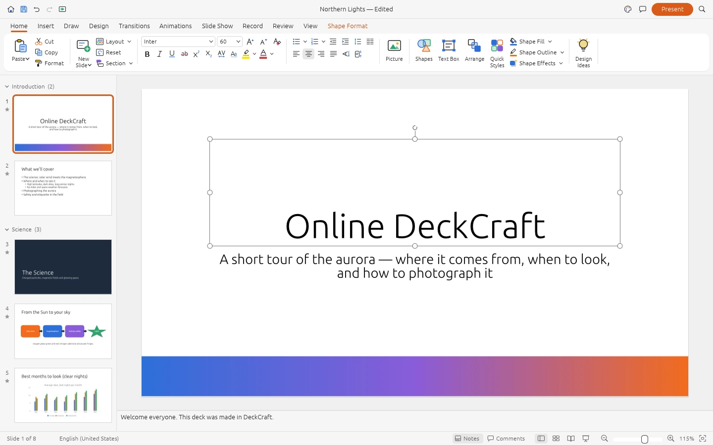 DeckCraft editor with menus, canvas and panels