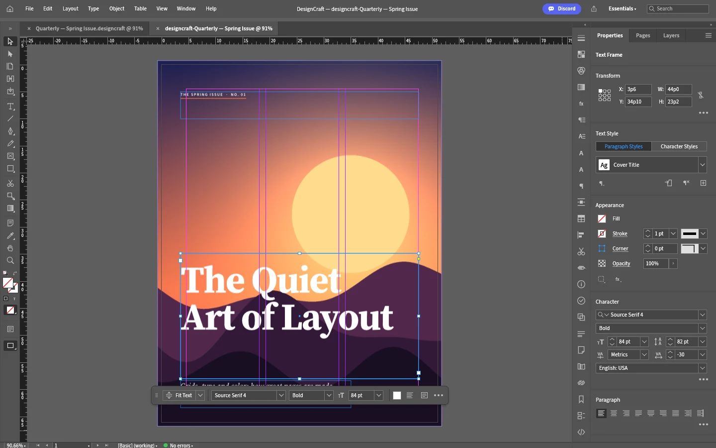 Lay out pages & publications: menus, canvas and panels