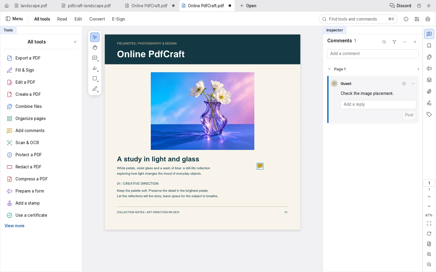 Read & organize PDFs: menus, canvas and panels