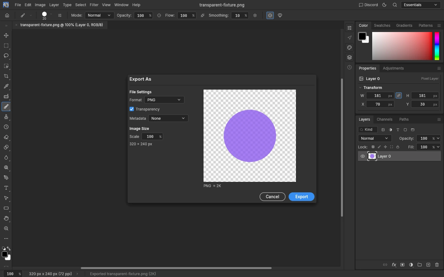 PhotoCraft Export As dialog showing PNG, Transparency, Metadata and Scale controls