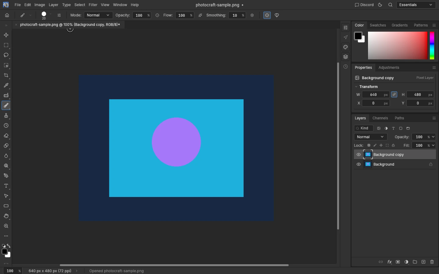 PhotoCraft browser workspace showing Background copy and Background as two image layers