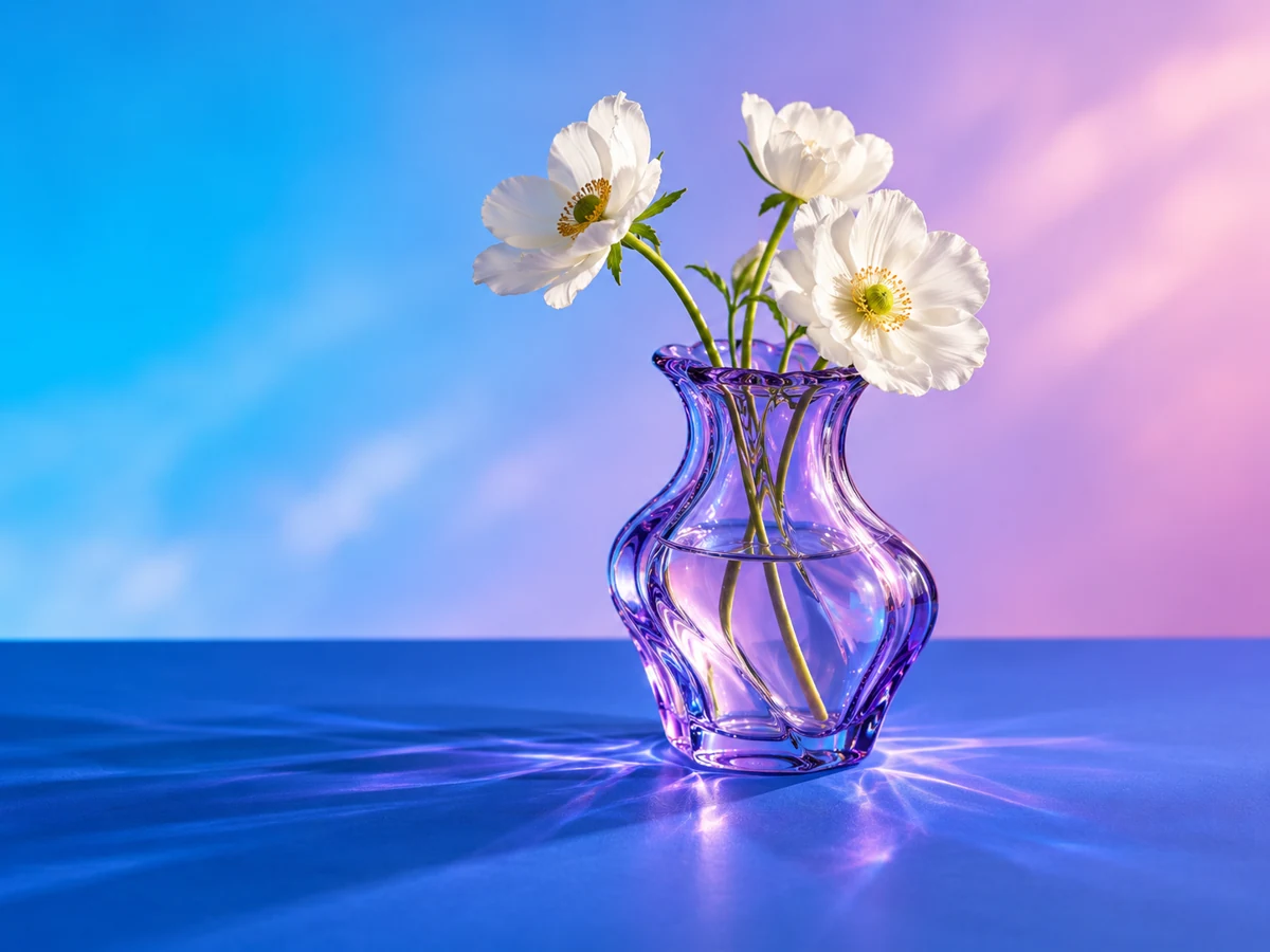 Violet glass vase and white flowers on a blue-pink studio background, an original practice image