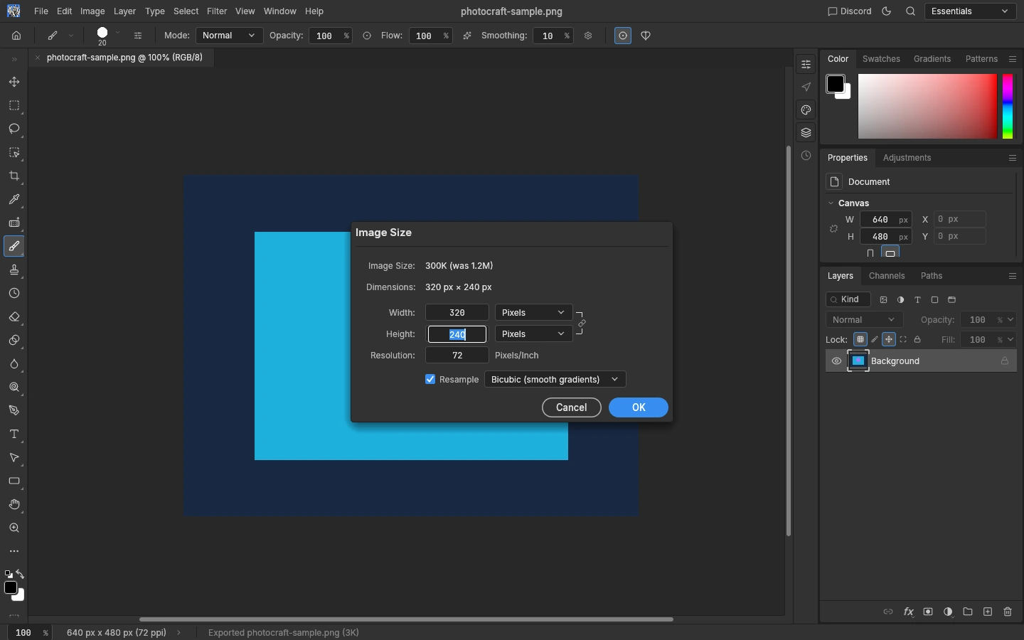 PhotoCraft Image Size dialog with a width of 320 pixels and a linked height of 240 pixels